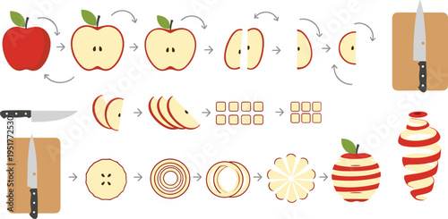 Apple Slicing Process Illustration Set with Step by Step Cutting, Knife, Board and Fruit Preparation Sequence for Cooking and Food Design Collection