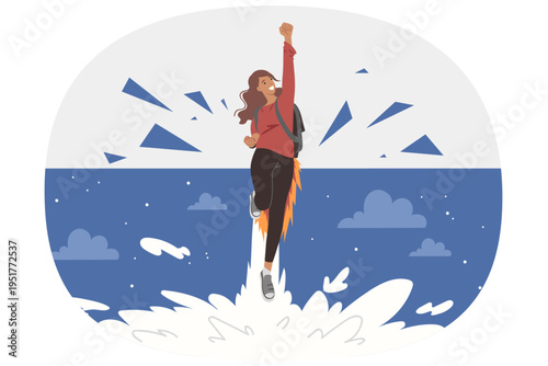 Ambitious woman with leadership potential flies up through night sky, using jetpack. Ambitious girl strives to achieve success in life and easily overcome difficulties and obstacles along way.