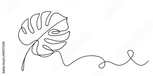 Curved Leaf Line Art, Minimalist continuous-line drawing of a monstera leaf with a curving stem