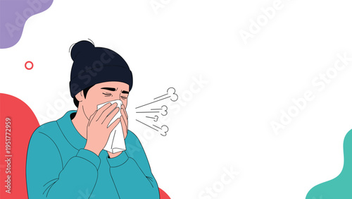 Man wearing a black beanie sneezing into a white tissue with lines of breath or germs coming out on white background.