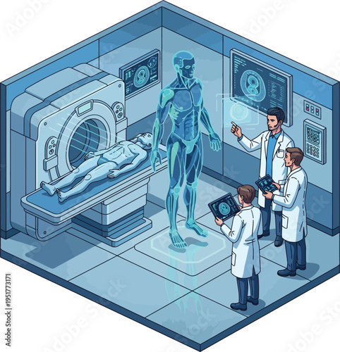 Medical Professionals Analyzing Futuristic Human Body Scan.