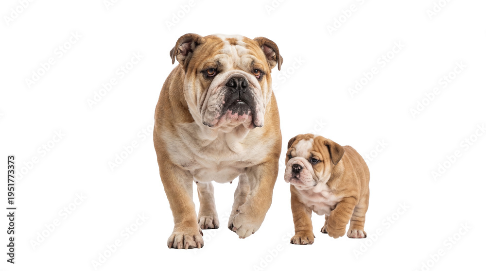 Fototapeta premium Adorable adult English Bulldog and its cute puppy walking forward, isolated PNG on transparent background, perfect for pet-related designs and advertising