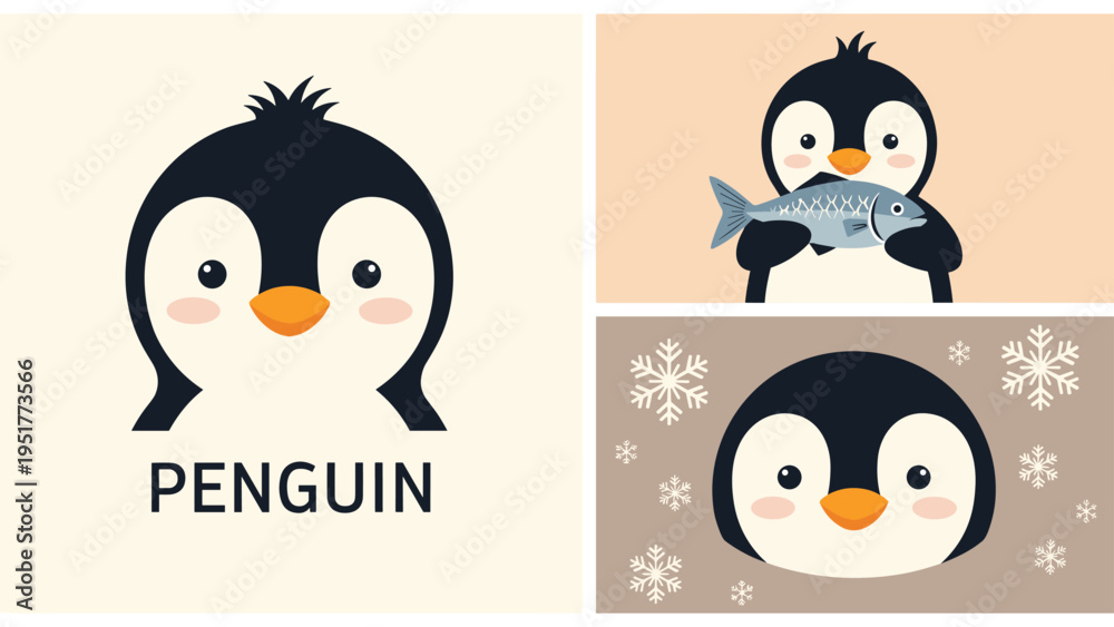 Fototapeta premium Collection of three cute penguin illustrations showing a simple logo a penguin eating fish and one surrounded by snowflakes.