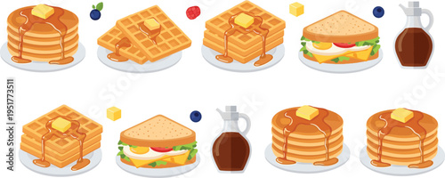 Breakfast Food Vector Set with Pancakes, Waffles, Sandwich, Butter, Berries and Maple Syrup Sweet Morning Meal Illustration