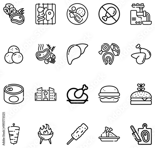 Collection of Food Meat Poultry Fish Vegetables and Cooking Utensils