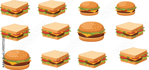 Burger and Sandwich Fast Food Set with Cheeseburger, Lettuce, Tomato and Bread Isolated Vector Illustration Collection