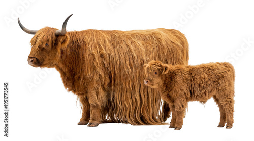 Majestic Highland cow and adorable shaggy calf, standing together, isolated on transparent background, a beautiful family portrait PNG