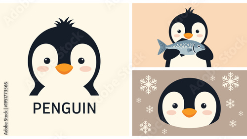 Collection of three cute penguin illustrations showing a simple logo a penguin eating fish and one surrounded by snowflakes.