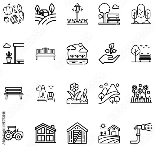 Collection of Garden and Farm with Vegetables Tractor and House