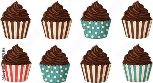 Chocolate cupcake bakery collection with decorative paper wrappers striped and polka dot liners dessert vector illustration set