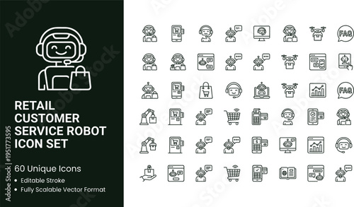 Retail customer service robot icon set with smart assistant automation technology symbols for mobile apps websites dashboards and digital platforms