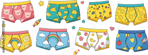 Cute kids boxer underwear collection with playful animal fruit rainbow and smile patterns colorful children clothing vector illustration set