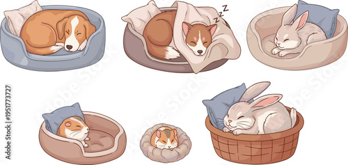 Cute Sleeping Pets Cartoon Set with Dog Cat Rabbit Hamster Resting in Cozy Beds Blankets Pillows Adorable Animal Vector Illustration Collection