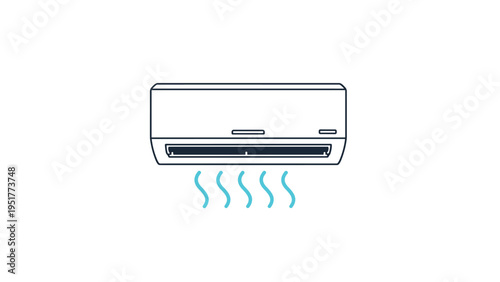 Wall-mounted indoor air conditioner unit blowing cool blue air waves downwards illustrated on an isolated white background.