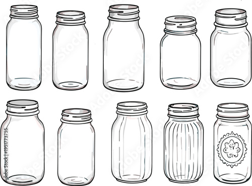 Empty glass mason jar collection with different shapes lids and labels for food storage preserving and packaging vector set