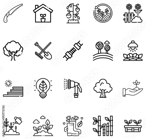 Collection of gardening and nature featuring plants tools and growth symbols