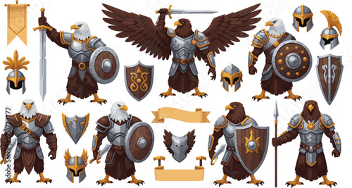 Fantasy eagle warrior characters with armor swords shields helmets and medieval heraldic elements cartoon vector illustration set