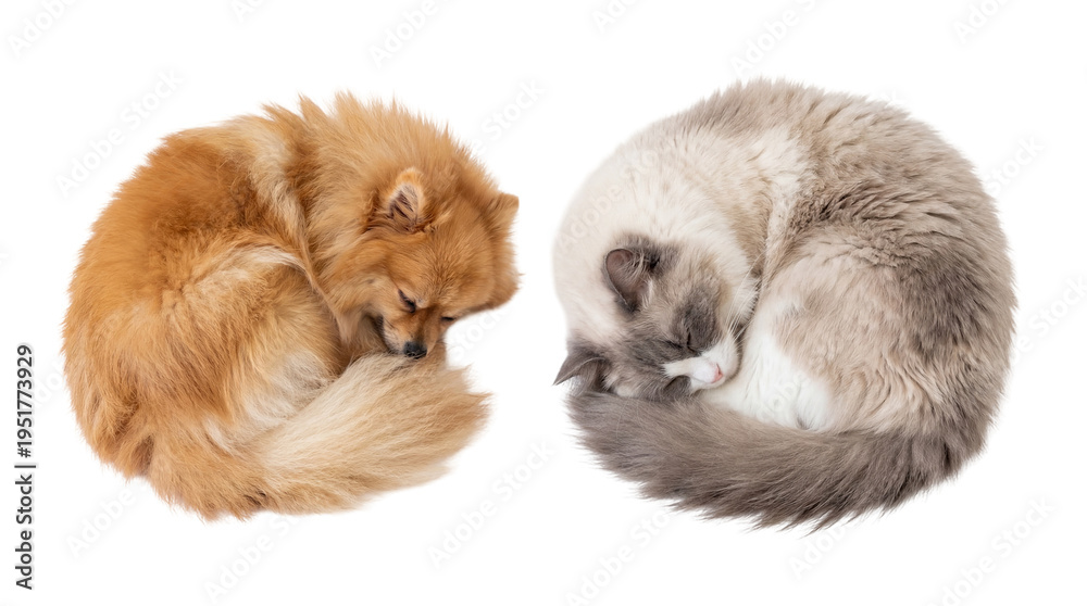 Obraz premium Fluffy orange Pomeranian dog and bicolor Ragdoll cat peacefully sleeping curled up, isolated PNG on transparent background, ideal for animal-themed designs