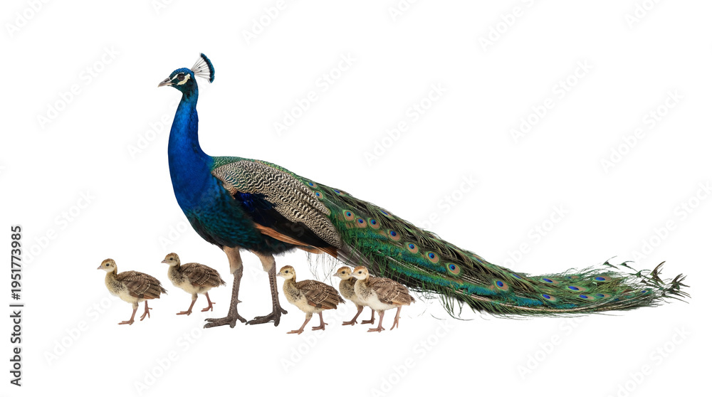 Fototapeta premium Majestic Indian peafowl with vibrant blue and green plumage, accompanied by five adorable peachicks, isolated on transparent background, a beautiful family portrait PNG