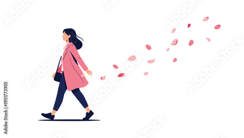 Young woman in a stylish pink coat walking gracefully as cherry blossom petals fly through the air in the soft spring wind.