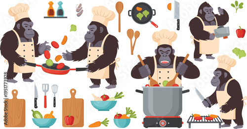 Funny gorilla chef cooking vegetables with kitchen utensils frying pan pot and grill cartoon animal cook vector set