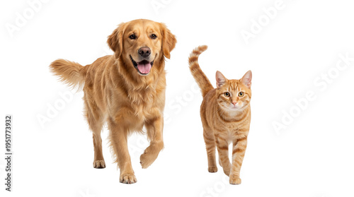 Happy Golden Retriever dog and an orange tabby cat walking together, a friendly pet duo isolated on transparent background PNG