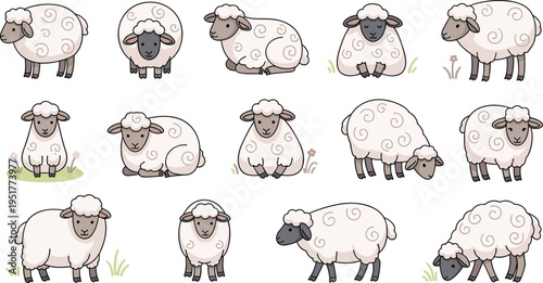 Cute hand drawn vector illustration set of fluffy white sheep and lambs in various grazing and resting poses for nursery farm and nature designs.