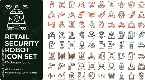 Retail security robot icon set with surveillance automation technology symbols for mobile apps websites dashboards and digital platforms