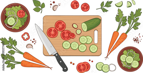 Fresh vegetable salad preparation set with cutting board knife cucumber tomato carrot healthy food vector illustration