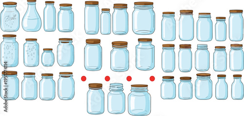 Glass jar bottles collection with wooden lids different shapes mason containers for storage packaging preserving vector illustration set
