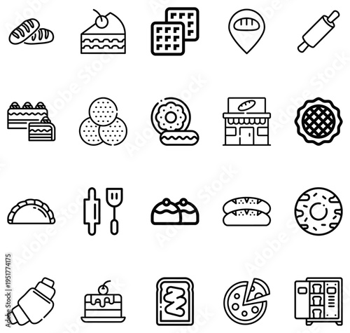 Collection of line representing baked goods pastries bread and bakery pastry cake