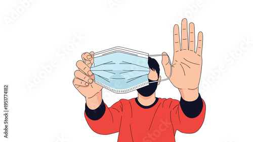 Man wearing a protective face mask and holding up his hand in a stop gesture to indicate a safety zone during a pandemic.