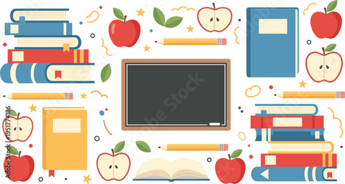 Back to School Illustration Set with Books, Blackboard, Apples, Pencils and Education Elements, Learning Concept Collection for Classroom Design