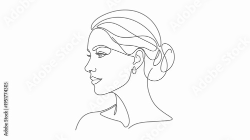 Elegant continuous line drawing of a woman's profile with hair bun and earring