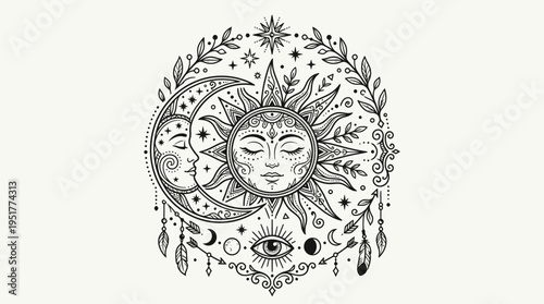 Celestial Sun and Moon with Mystical Elements and Bohemian Style
