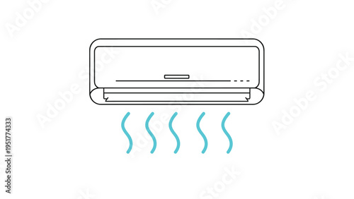 Modern wall-mounted air conditioner unit blowing cool air represented by wavy blue lines for home climate control.
