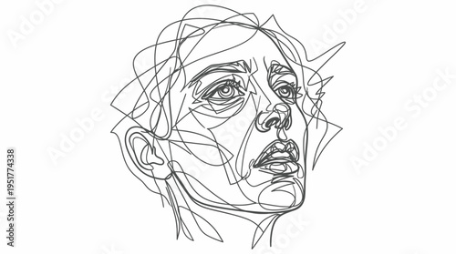 Abstract continuous line drawing of a person's distressed face looking upwards
