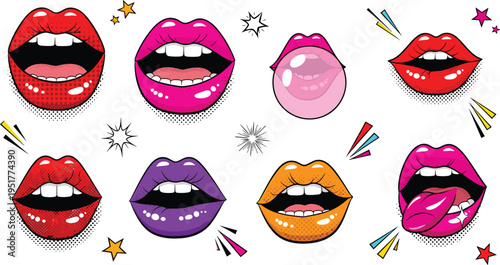 Pop art colorful lips collection with bubble gum tongue open mouth comic style beauty fashion vector illustration set