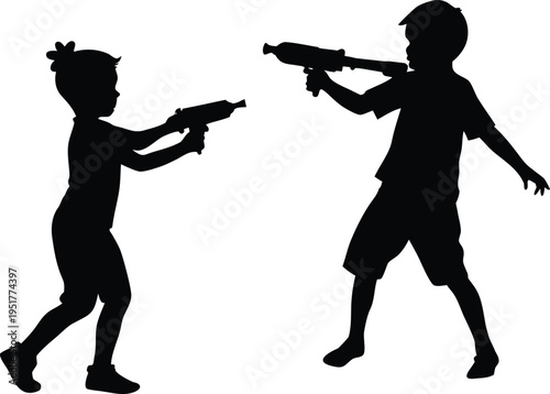 Kids playing with water gun silhouette