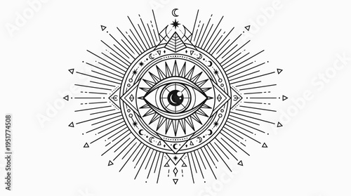 Mystical all-seeing eye with geometric sunburst and celestial symbols, a powerful esoteric emblem