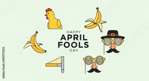 Whimsical april fools' day icons with bananas hats and mustaches on light green background