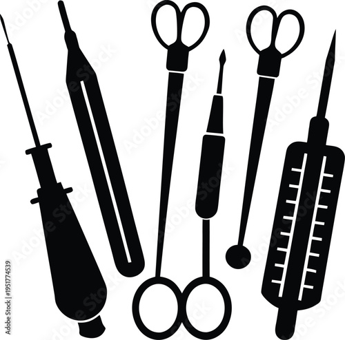 Surgical medical instrument collection silhouette illustration