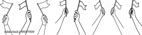 Hand holding flag line art icons set protest gesture symbol minimalist outline style