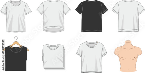 Blank T Shirt Mockup Collection with Front and Back Views, Folded Clothes, Hanger Display and Male Torso Template for Apparel Design Illustration