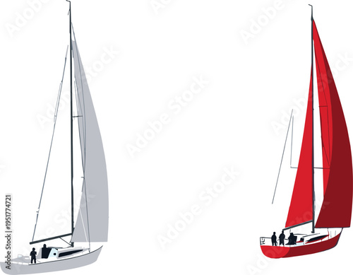 Cad drawing flat vector illustration of sailboats, red sails, grey sails, ocean water, sailing crew, recreational boating adventure