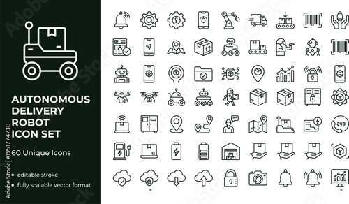 Autonomous delivery robot icon set with smart logistics automation transportation symbols for mobile apps websites dashboards and digital interfaces