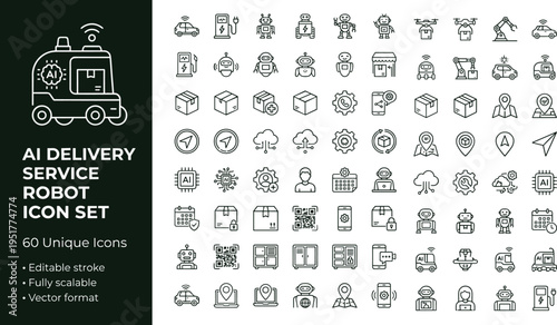 AI delivery service robot icon set with smart automation logistics technology symbols for mobile apps websites dashboards and digital platforms