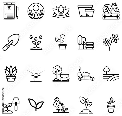 Gardening set for planting and cultivation with plants tools and nature growth