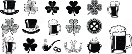 Cad drawing flat vector illustration of shamrocks, beer mugs, Irish hats, horseshoes, cauldron, pretzel, festive St. Patrick’s Day symbols