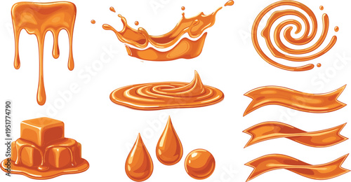 Caramel Sauce Illustration Set with Sweet Drips, Splash, Swirl and Liquid Drops, Dessert Topping Elements Collection for Candy and Food Design